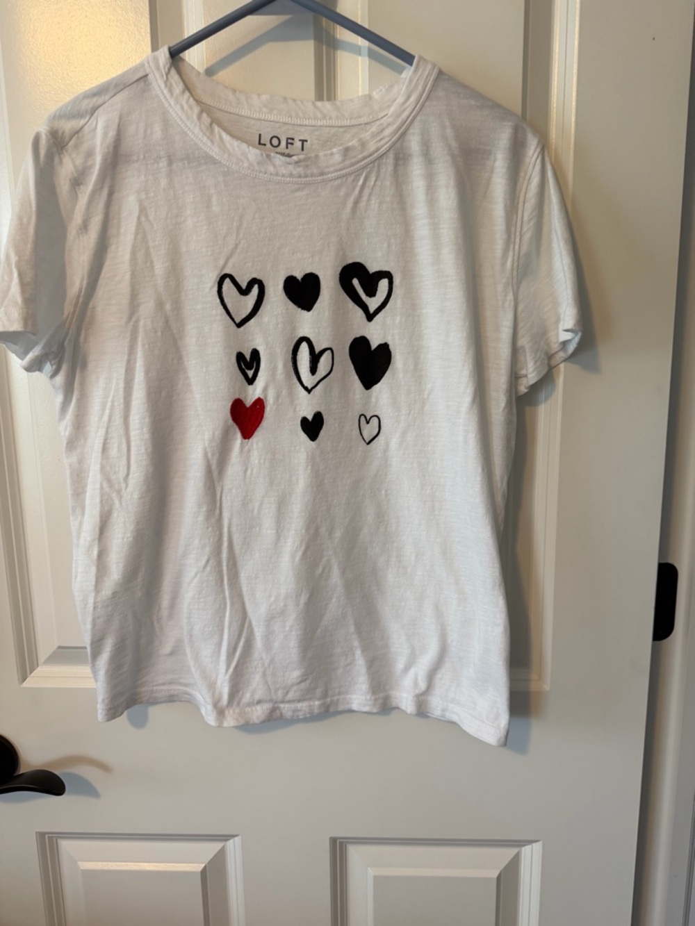 LOFT White Short Sleeve Tee with Black and Red Heart Motifs